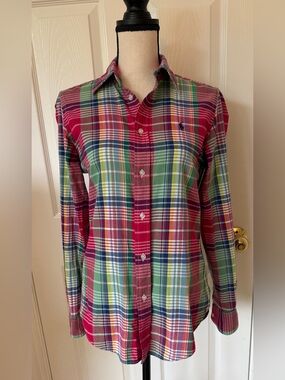 Ralph Lauren Vintage Madras Plaid Shirt Multicolor Cotton Women’s Size 8